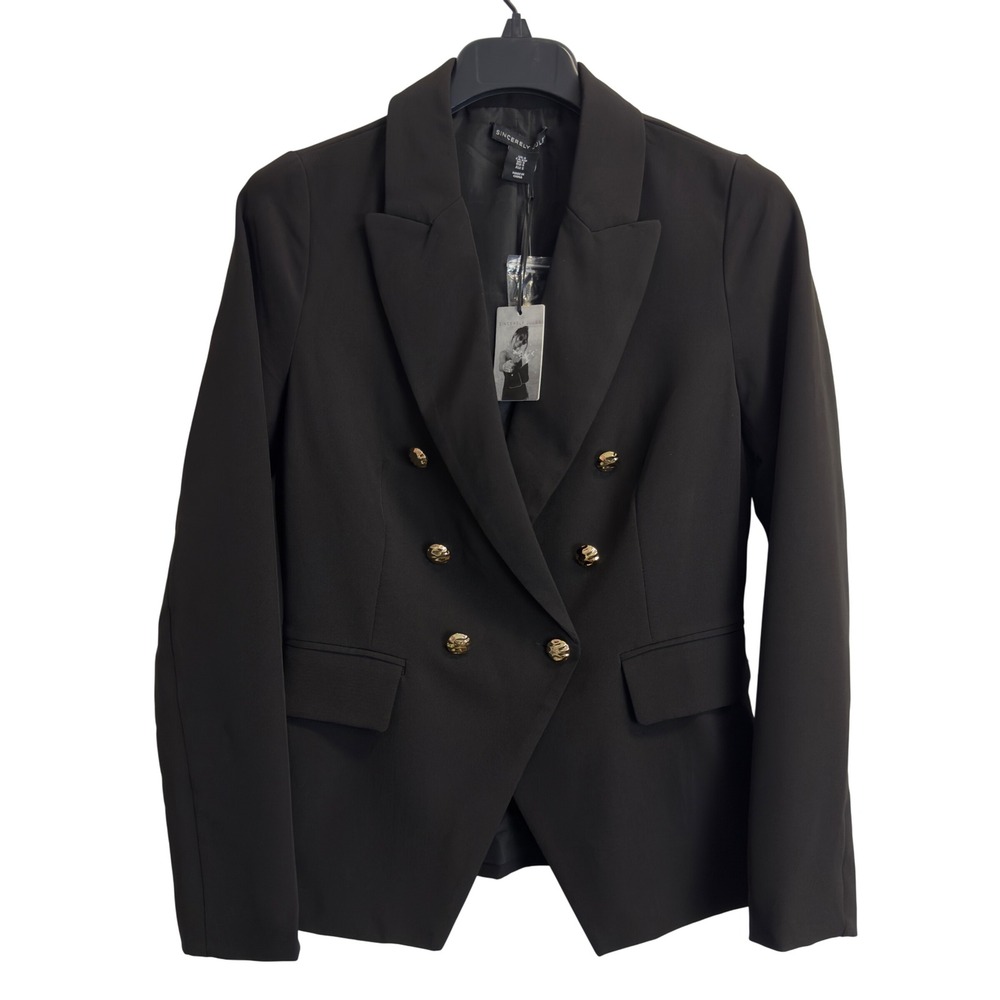 Sincerely Jules Womens Black Double Breasted Blazer Gold Buttons Size S NWT
